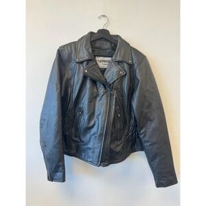 UNIK‎ Premium Jacket Womens Large Black Leather Motorcycle Biker Zip Moto